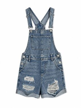 Denim Distressed Short Overalls - Blue